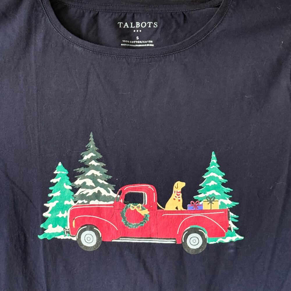 Talbots Navy Blue pullover Long sleeved T-Shirt Christmas Tree Truck size S - Picture 3 of 8